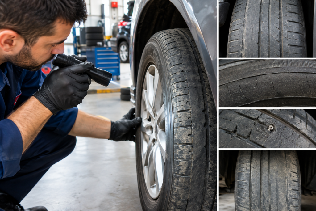 Mechanic inspecting a car tire for warning signs of damage, uneven tread wear, cracks, and punctures.