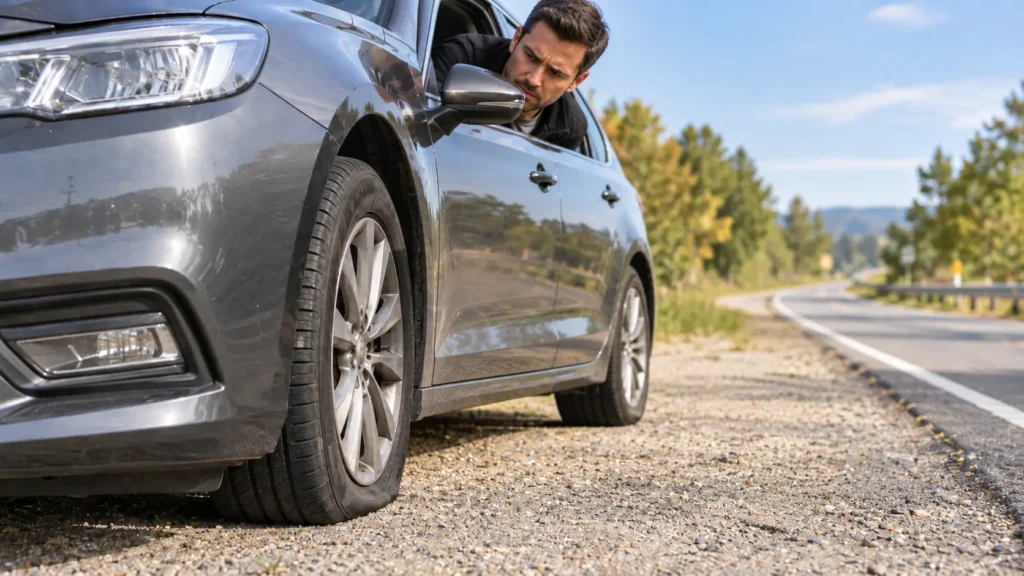 Concerned driver noticing a tire leaking air while stopped safely on the roadside