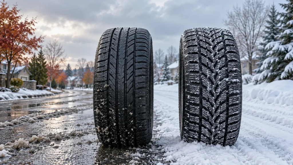 All-weather and winter tires side by side against wet and snow-covered Canadian roads