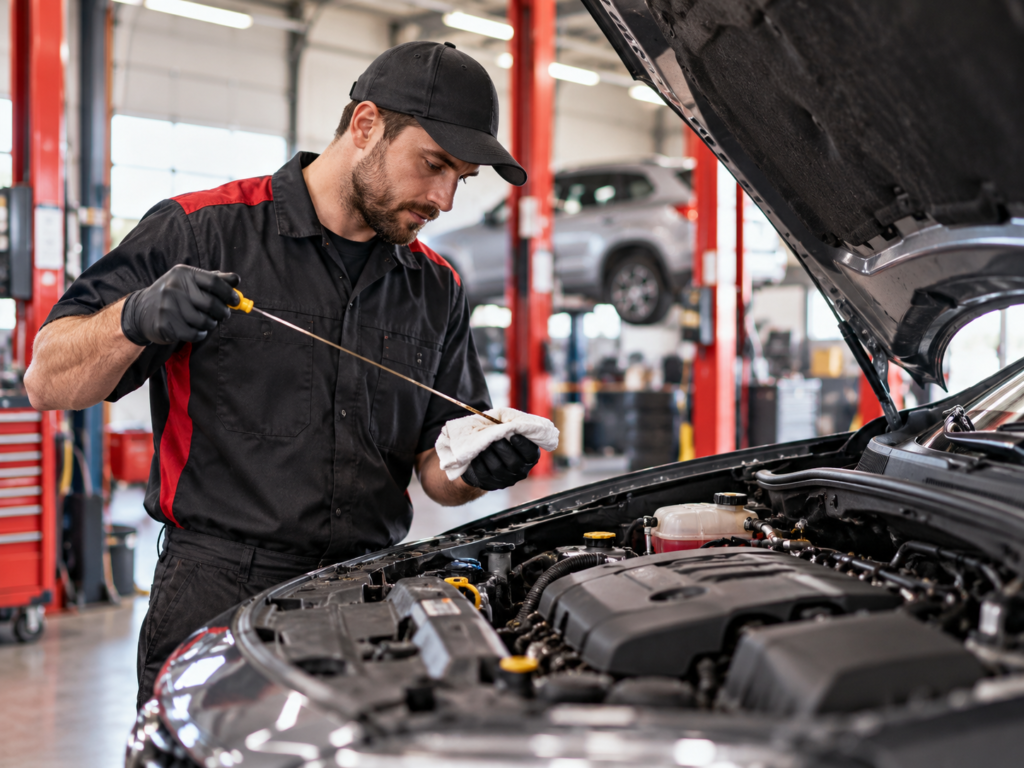 Mechanic Checking Engine Oil in Garage