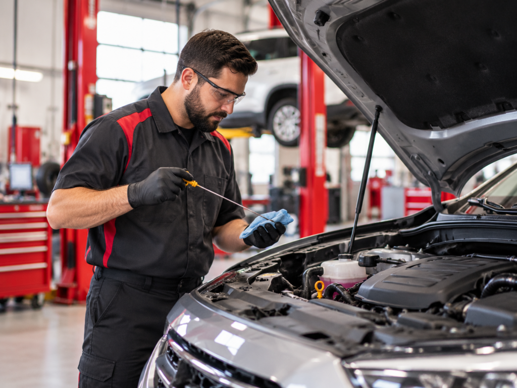 Mechanic Checking Engine Oil in Workshop