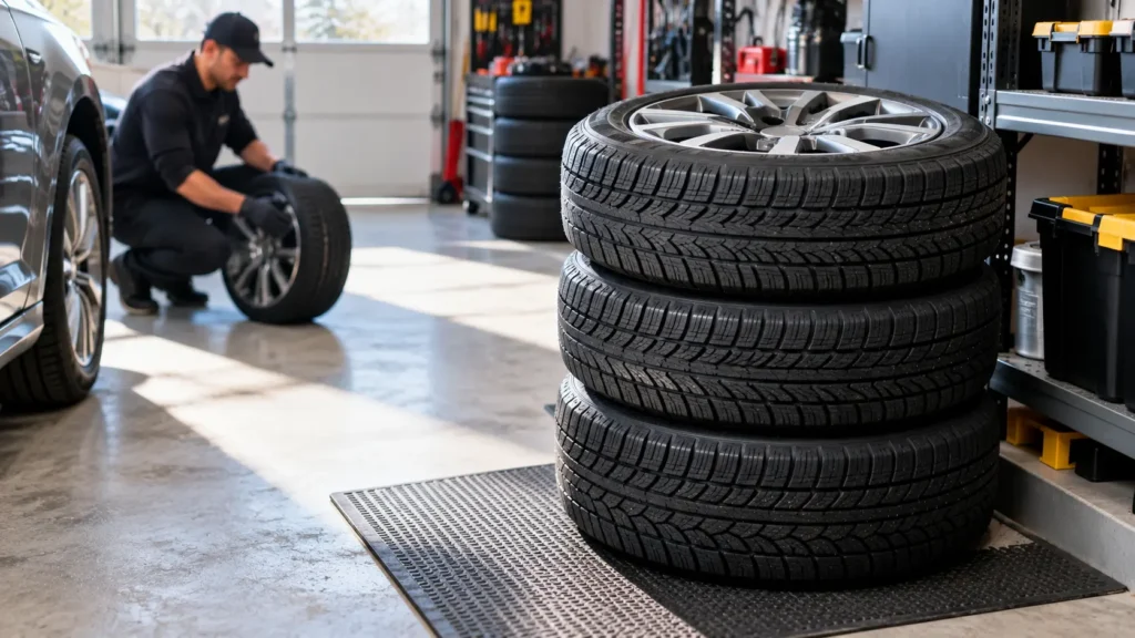Four car tires mounted on alloy rims stacked horizontally in a clean, dry garage for seasonal storage.