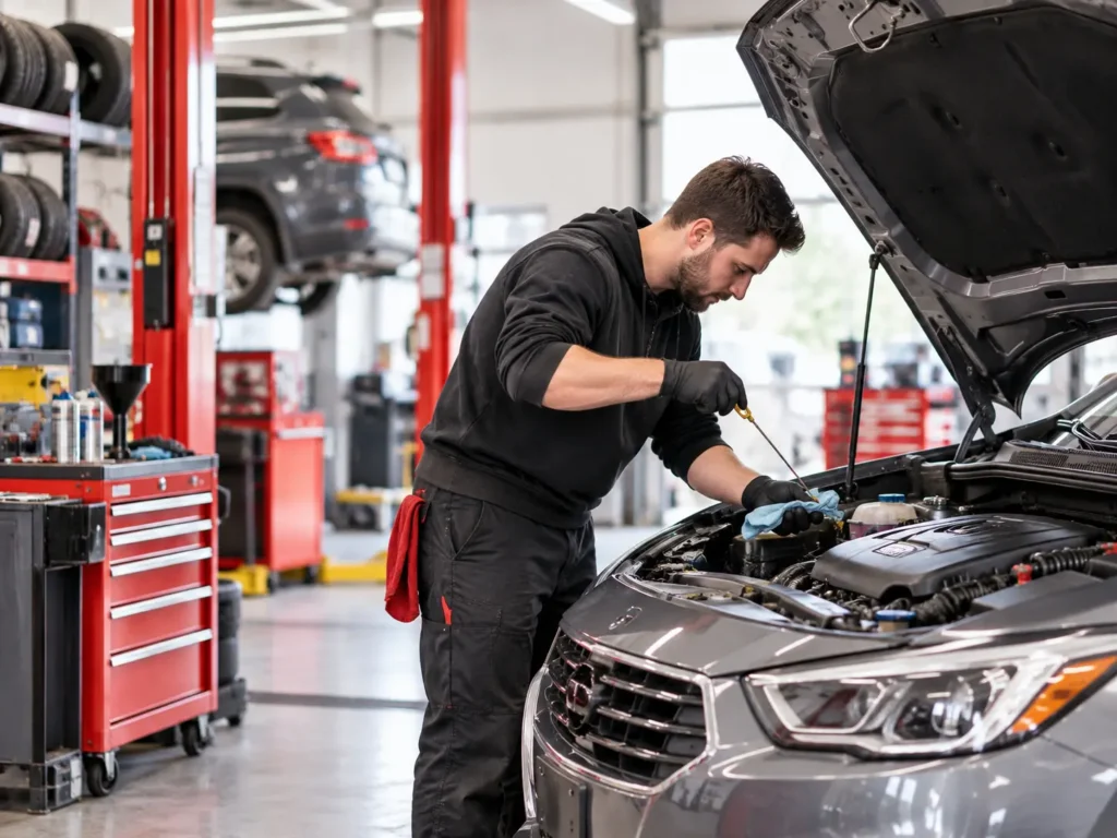 Mechanic checking engine oil in a car at an auto service workshop in Milton, Ontario