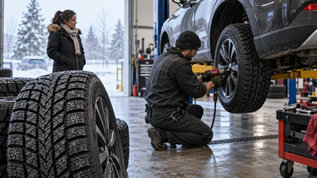 Technician installing winter tires on a vehicle at an automotive service garage