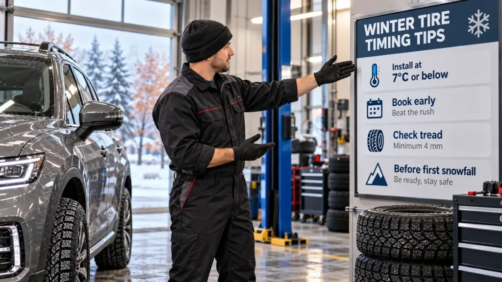 Technician installing winter tires on an SUV at an auto service garage in Milton, Ontario